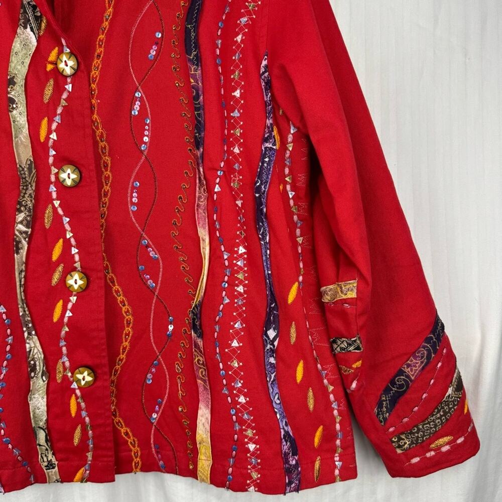 Coldwater Creek Vintage Red Textured Blazer Women Petite Large Embellished Boho - Picture 7 of 9